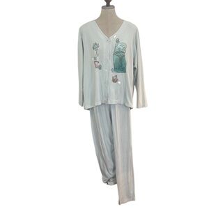 Vintage Odile art to wear cottage core garden loungewear top pants green ladybug